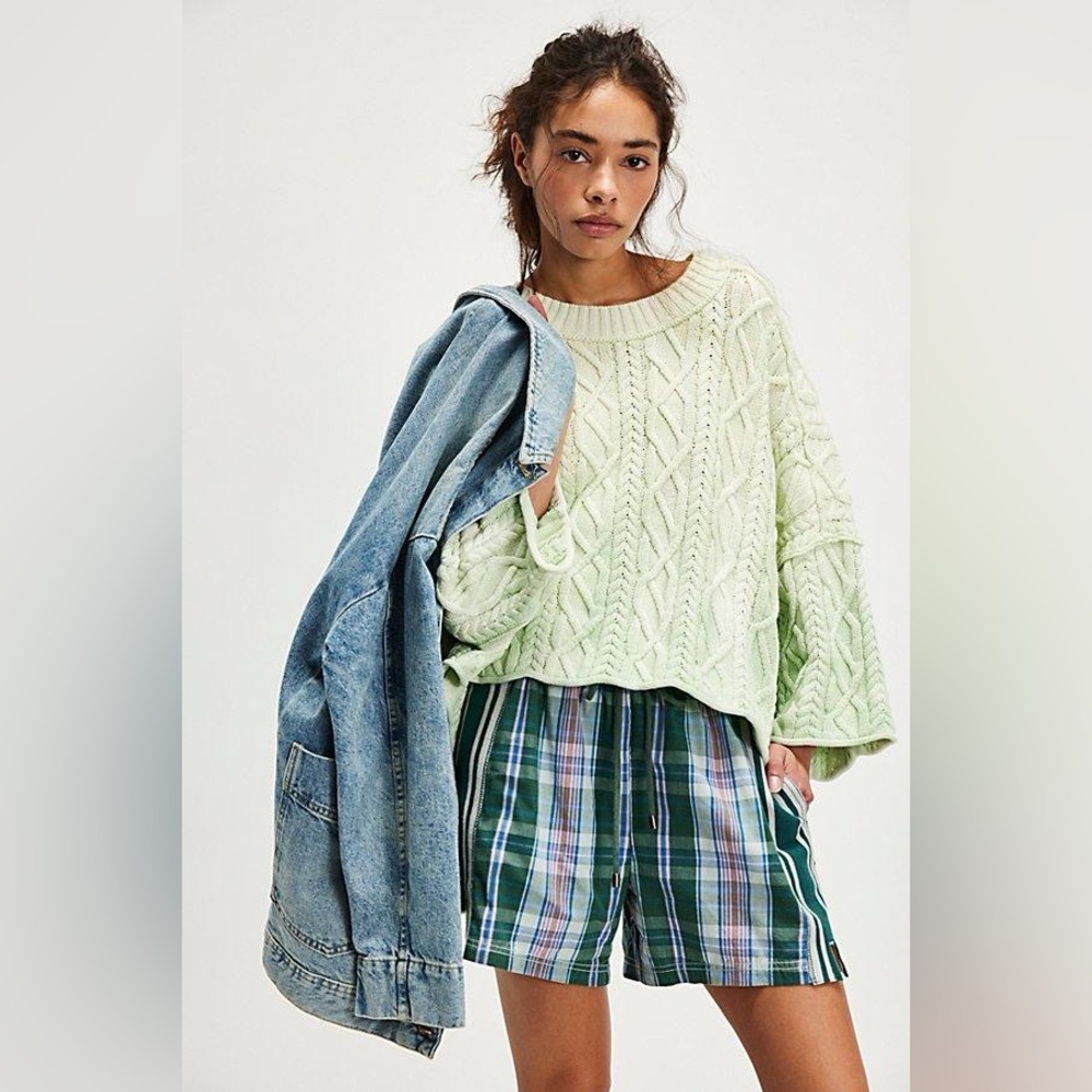 NWT Free People Washed Ashore Cable Knit Sweater~ Candy Mint Combo